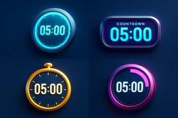 Creative collection of 5-minute countdown timer icons in futuristic and classic styles on dark background with glowing and metallic light effects. Ai generative