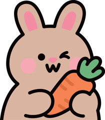 A cute cartoon sticker of a brown bunny happily winking and holding a large orange carrot, symbolizing cuteness, health, and joy.