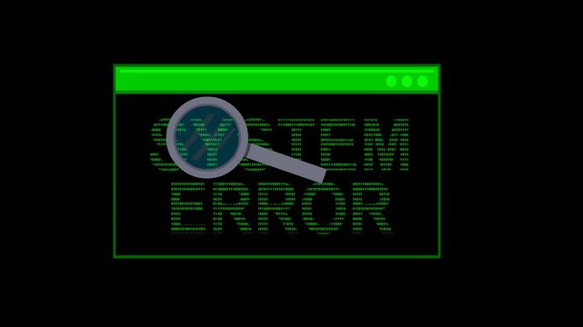 video animation magnifying glass and terminal cmd prompt text designed with binary code numbers, in concept of searching for system error concept, on a transparent background with alpha channel set to