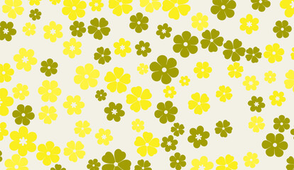 A vibrant pattern showcases a mix of yellow and olive green flower shapes scattered across a light cream background, creating a playful and nature-inspired design overall