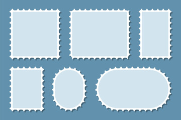 Postage stamp borders set vector. Blue postage stamps set. Realistic post stamps set. Blank postage Stamps in flat design. vector illustration