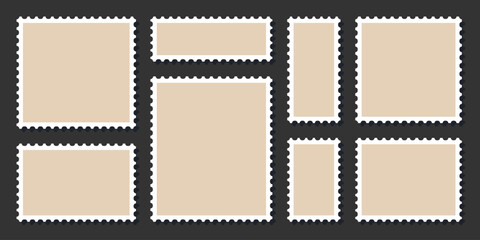 Postage stamp template collection. Blank postage stamp vector collection in various shapes and sizes. Retro Postage Stamp Template. Realistic trendy post stamps set with shadow effect. 