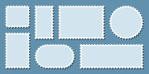 Postage stamp borders set vector. Blue postage stamps set. Realistic post stamps set. Blank postage Stamps in flat design. vector illustration