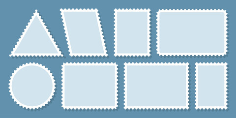 Postage stamp borders set vector. Blue postage stamps set. Realistic post stamps set. Blank postage Stamps in flat design. vector illustration