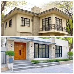 Modern House Exterior Renovation Before and After. Beige Stucco, Dark Windows, Wooden Door