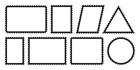 Postage stamp borders set. Zigzag edge and scallop edge. Set of blank postage stamps with empty paper design. Vintage mockup postage vector for poster, banner, badge, sticker.