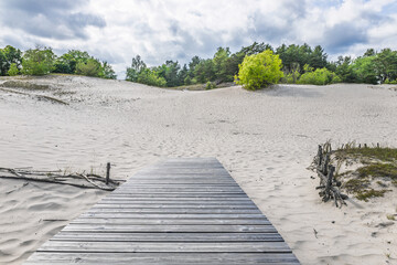 Fototapeta premium Wooden boardwalk leading across pristine white sand dune, Latvia