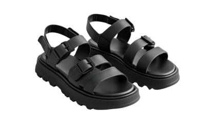 Pair of black platform sandals.  Bold buckles, adjustable ankle strap.  Durable, chunky sole.  Stylish, modern design