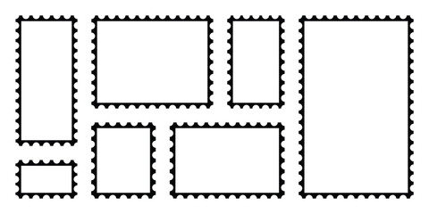 Postage stamp borders set. Zigzag edge and scallop edge. Set of blank postage stamps with empty paper design. Vintage mockup postage vector for poster, banner, badge, sticker.