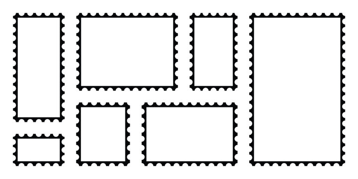Postage stamp borders set. Zigzag edge and scallop edge. Set of blank postage stamps with empty paper design. Vintage mockup postage vector for poster, banner, badge, sticker.