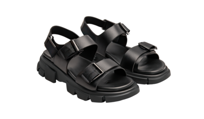 Pair of black chunky platform sandals.  Leather straps, buckles, and chunky sole