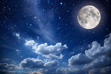 Naklejka premium Full Moon Shining Brightly in a Starry Night Sky with Wispy Clouds stars