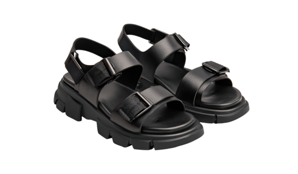 Pair of black chunky platform sandals.  Leather straps, buckles, and chunky sole
