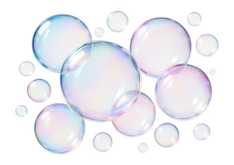 Iridescent soap bubbles of varying sizes with rainbow reflections on transparent background.