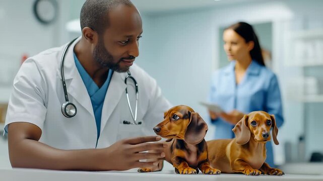 Friendly veterinarian in clinic setting is examining two dachshund puppies. vet is wearing white coat with stethoscope, suggesting expertise, care. dogs sit on examination table.