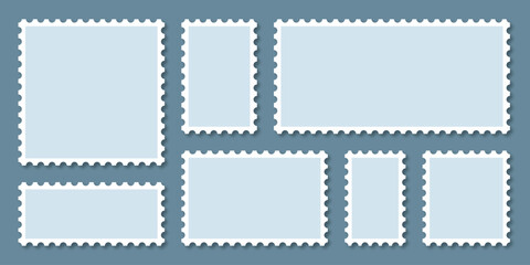 Postage stamp borders set vector. Blue postage stamps set. Realistic post stamps set. Blank postage Stamps in flat design. vector illustration