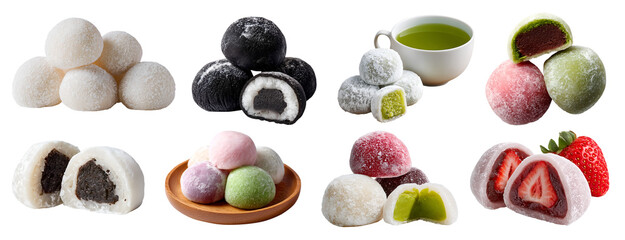 Collection of Daifukumochi daifuku wagashi mochi rice flour Japanese dessert, different flavour, fruit, plate tea isolated transparent cutout PNG. Mockup template for design	
