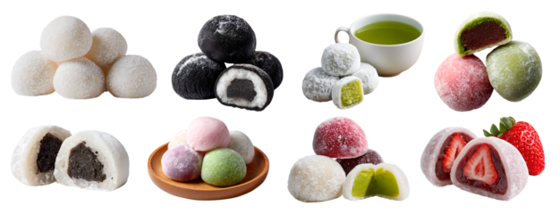 Collection of Daifukumochi daifuku wagashi mochi rice flour Japanese dessert, different flavour, fruit, plate tea isolated transparent cutout PNG. Mockup template for design	

