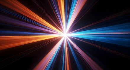Radiant Starburst of Converging Orange and Blue Light Beams.