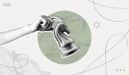 Trendy Halftone Collage Hand holding chess piece. Abstract chessman. Game strategy. Strategic leader. Knight horse chess figure. Paper texture. Contemporary vector illustration art