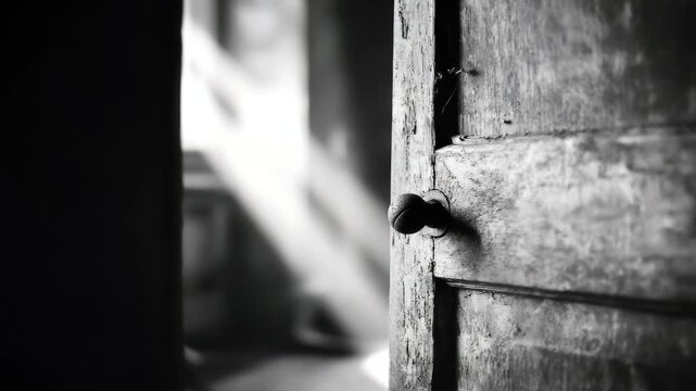 Old wooden door slowly opening with cracked paint and vintage knob in monochrome style, horror concept. 4K video