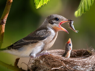 Nestling shrike calling for food, a peaceful wildlife moment for educational use
Baby bird in nest with wide open mouth, showing natural feeding behavior in birds