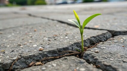 Green Plant Sprout Growing Through Cracked Pavement
