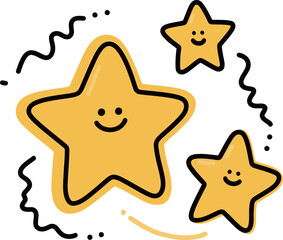 A group of three happy, smiling yellow stars floating together with abstract lines and dots, creating a cheerful and whimsical illustration.