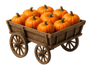 Fototapeta premium Wooden cart filled with nine bright orange pumpkins on transparent background.