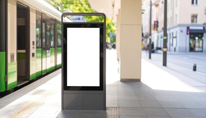 Blank White Billboard at Modern Green Train Station Platform