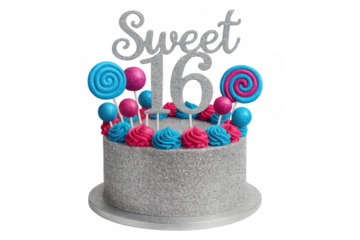 Sparkling silver 16th birthday cake decorated with colorful lollipops, frosting swirls against transparent backdrop