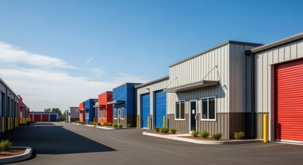 Obraz premium Colorful metal rental storage buildings neat rows industrial business park setting.