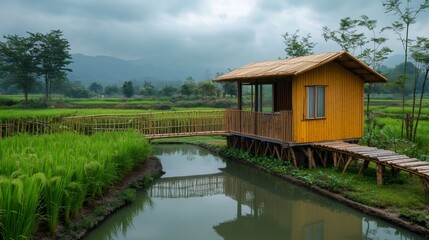 Fototapeta premium Bamboo hut reflecting in the water of a rice paddy field