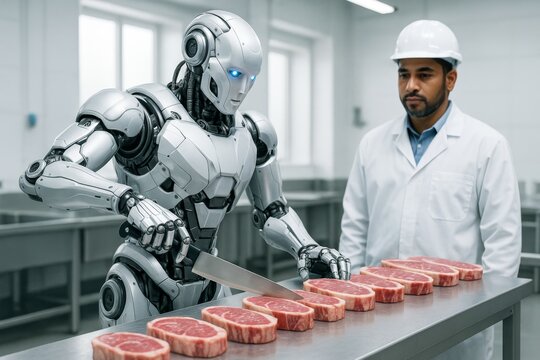 Futuristic robot slicing raw meat under supervision in modern food processing facility with industrial background and bright clean lighting setup. Ai generative