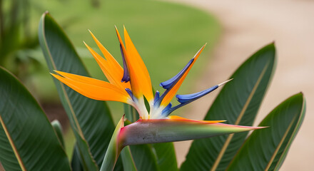 Obraz premium Exotic Crane Flower in Profile Unfurling its Vivid Orange and Blue Crest.