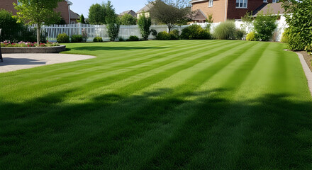 Perfectly Striped Lawn: Lush Green Grass White Fence and Suburban Homes on a Sunny Day.