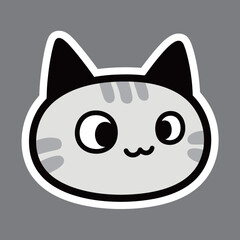 A cute and simple cartoon cat face with big eyes and grey stripes, showcasing a friendly and playful expression in a clean, minimalist style.