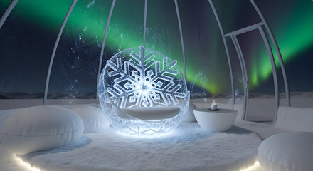 Illuminated Ice Snowflake Chair in Arctic Aurora Igloo