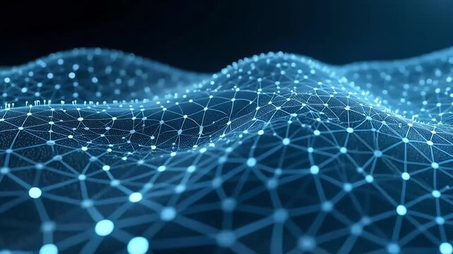 Dynamic digital network visualization with glowing nodes and lines creating a futuristic, abstract data flow.