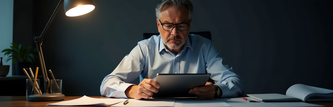 executive stern expression sits cluttered desk fingers flying across screen sleek digital tablet