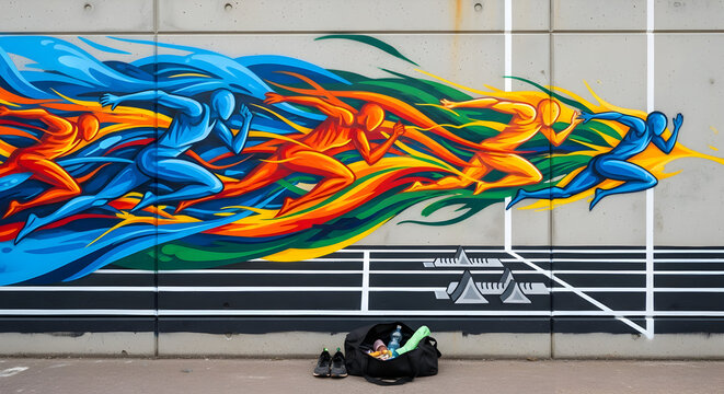 Vibrant Mural Depicting Abstract Runners and Hurdles