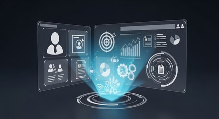Futuristic Holographic Display Showing Business Analytics and Data hologram technology
