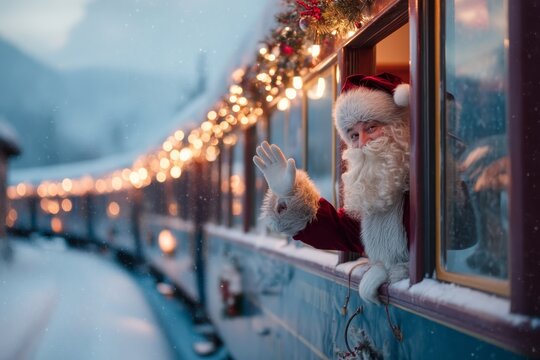 A cheerful elderly Caucasian man dressed as Santa Claus waves from a decorated train window. Snow covers the ground, and festive lights adorn the train.