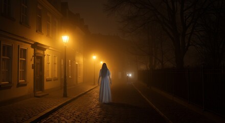 Foggy street scene with a woman in a long white dress lit by oldfashioned streetlights at night