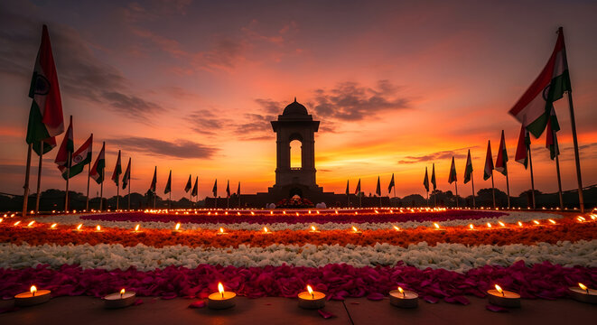 Amar Jawan Jyoti at Sunset with Floral Tribute and Flags