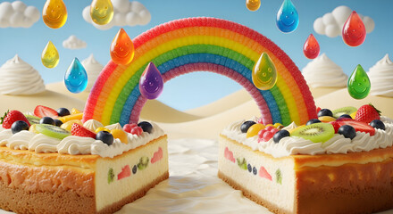 Fototapeta premium Rainbow Candy Arch Over Fruit Cheesecake Dessert