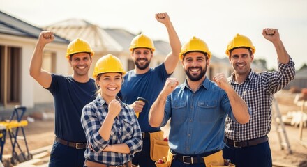 Team of builders with hard hats celebrating progress at residential housing site.