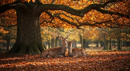 Majestic deer couple resting beneath golden autumn tree in the forest, a tranquil wildlife moment