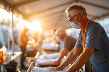 Healthcare workers assist patients in outdoor tents during sunset in a medical emergency setting