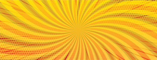 yellow Comic Book Background, Pop Art Halftone Burst with Spiral Sunray Effect